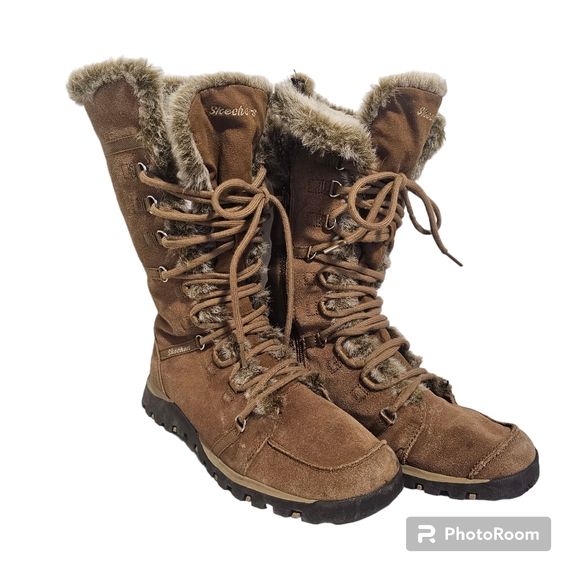 Skechers Shoes - Skechers Women's Grand Jams Tall LaceUp Zip Faux Fur Boot Sz 9 Brown